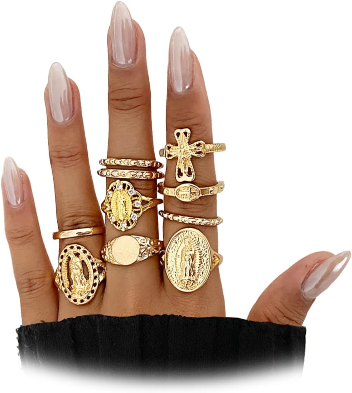 Vintage Gold Virgin Mary Cross Rings Set for Women,Chunky Stackable Boho Knuckle Rings Pack Retro Jewelry Accessories