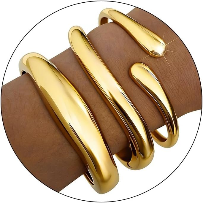 Chunky Gold Bangles for Women, 14k Gold Plated Twisted Hinged Stackable Bangle Bracelet Set, Trendy Cuff Bracelet Stack Fashion Jewelry Gifts