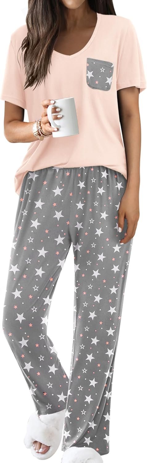 Ekouaer Pajama Sets for Women Short Sleeve Pj Set V Neck Sleepwear Chest Pocket with Long Pants Casual Loose Loungewear