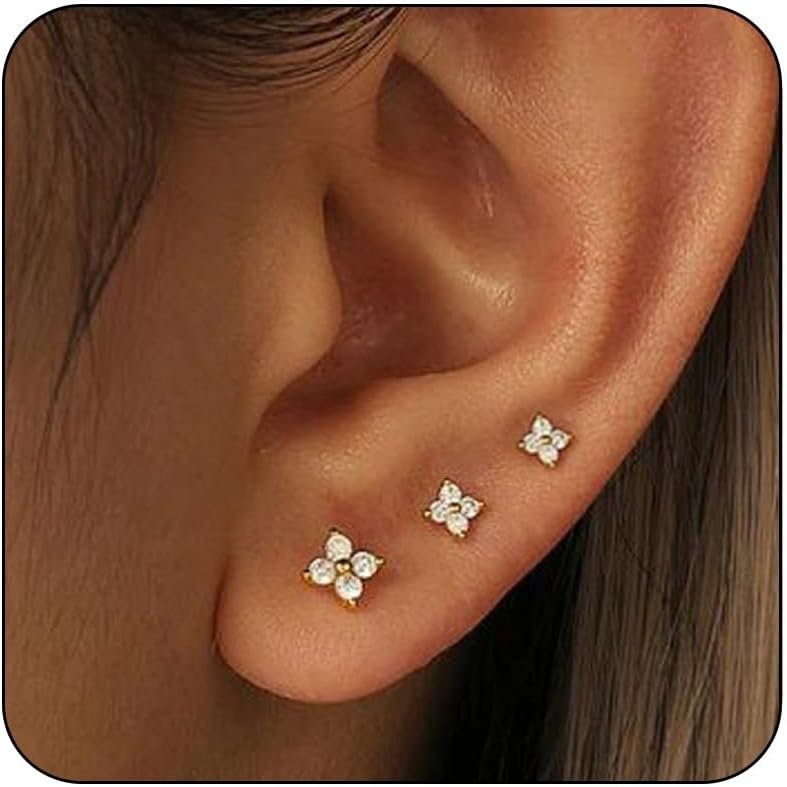 Lunvky 3 Pairs 14K Gold Plated Stud Earring Sets for Women Small Dainty Sterling Silver Earrings for Multiple Piercing Cartilage Tragus Trendy Post Cute Earrings Stacks Jewelry Birthday Gifts