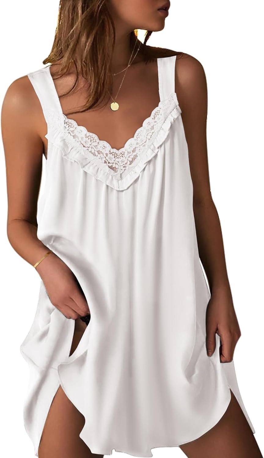 Ekouaer Women’s Satin Silk Nightgown V Neck Sexy Nightdress Tank Sleeveless Sleepshirt Lace Sleep Dress Nightwear S-XXXL