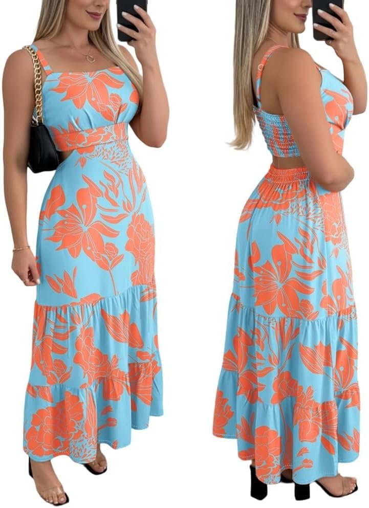 CHICME Summer Dresses for Women 2026 Sleeveless Casual Boho Maxi Dress Square Neck Cut Out Floral A Line Dress