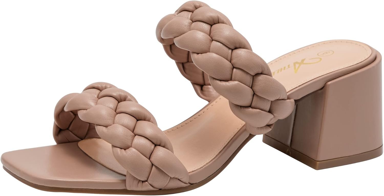 Athlefit Women’s Braided Heeled Sandals Strappy Square Open Toe Heels Backless Mules Slip On Block Heels