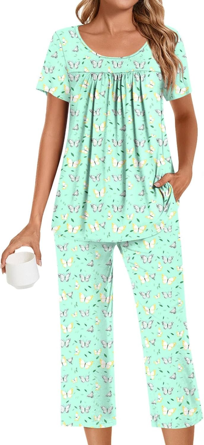 POPYOUNG Womens Pajama Sets Summer Ladies Pjs 2 Piece Loungewear Capri with Pockets Sleepwear