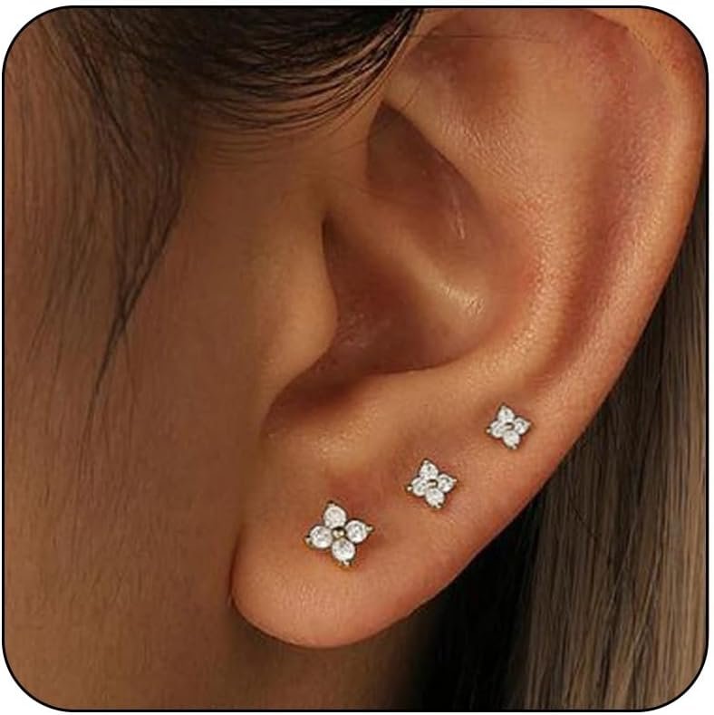 Lunvky 3 Pairs 14K Gold Plated Stud Earring Sets for Women Small Dainty Sterling Silver Earrings for Multiple Piercing Cartilage Tragus Trendy Post Cute Earrings Stacks Jewelry Birthday Gifts