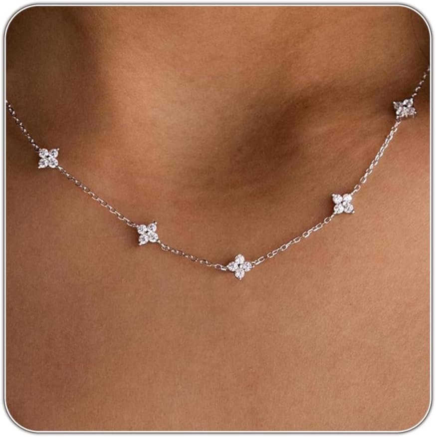 Dainty Silver Gold Necklaces for Women Cute Station Choker Simulated Diamond Necklace Simple Layering CZ Necklace Trendy Jewelry Gifts
