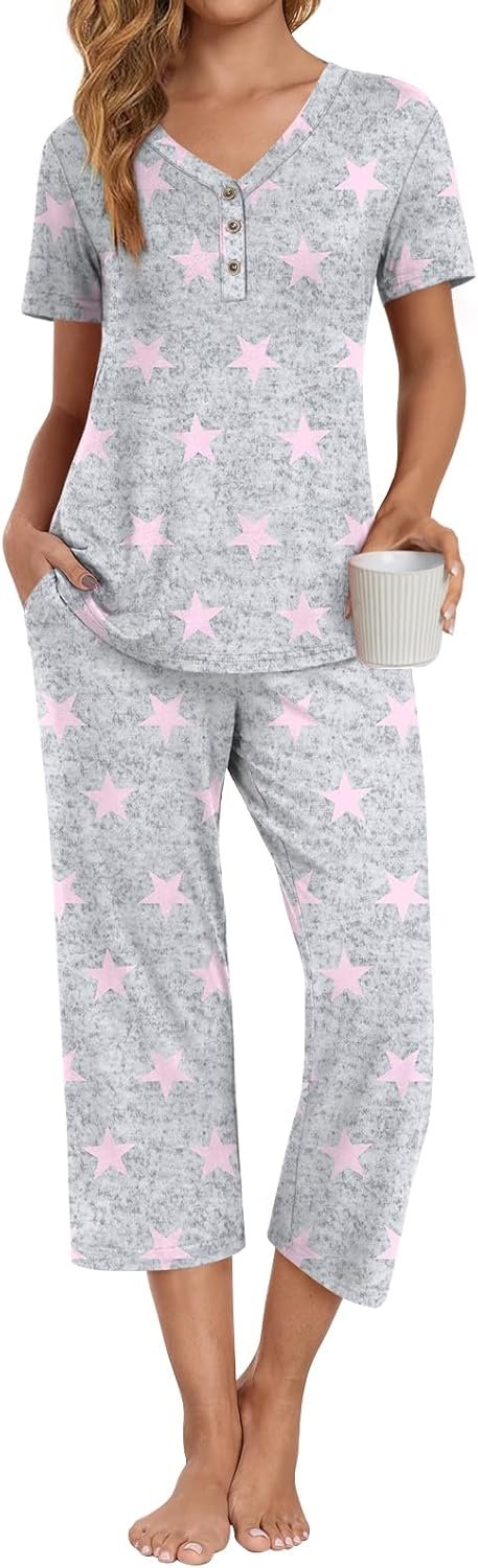 Anyally Women’s Pajama Set Summer Ladies Pjs Sets Short Sleeve Top and Capri Pants 2 Piece Lounge Sleepwear with Pockets