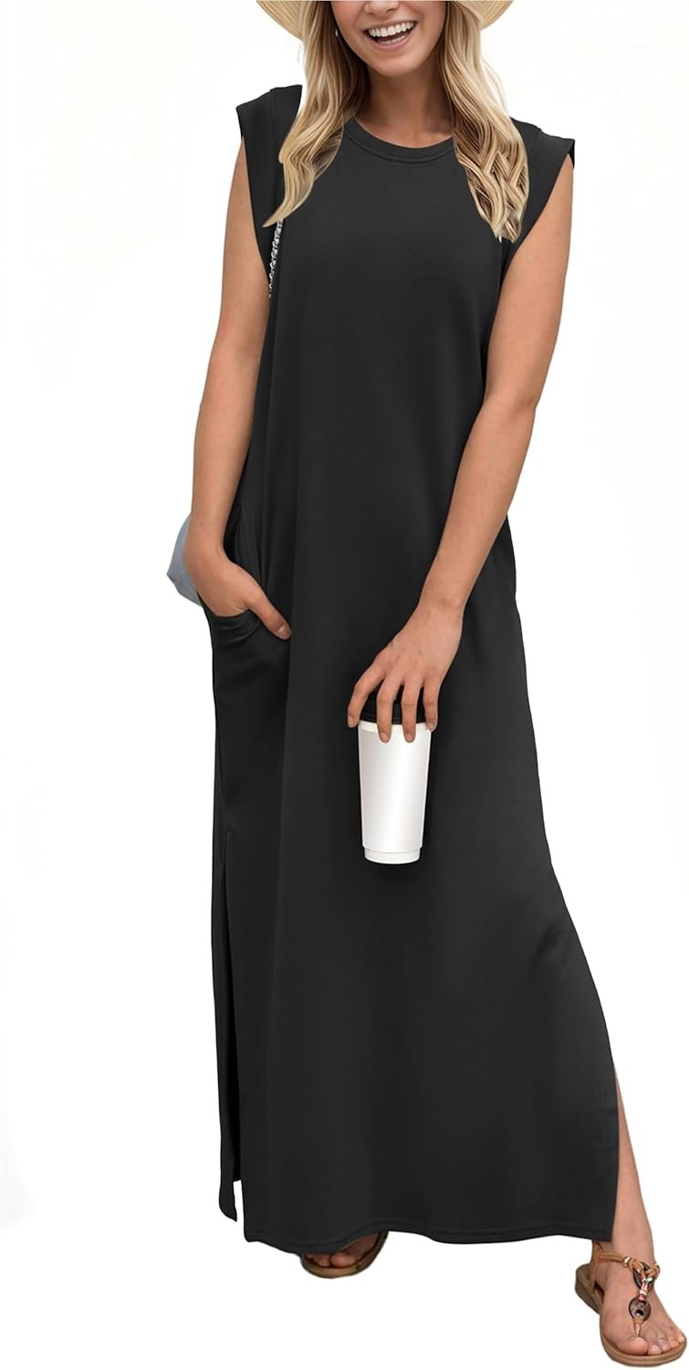 GRECERELLE 2026 Women Year-Round Casual Round Neck Loose Split Wrinkle-Free Long Maxi Vacation Dress with Pockets (XXS-4XL)