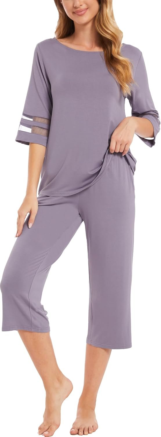 GYS Womens Pajama Set – Viscose Made from Bamboo, 3/4 Sleeve Capri Pajama Set Soft 2 Piece Sleepwear Pjs Lounge Set