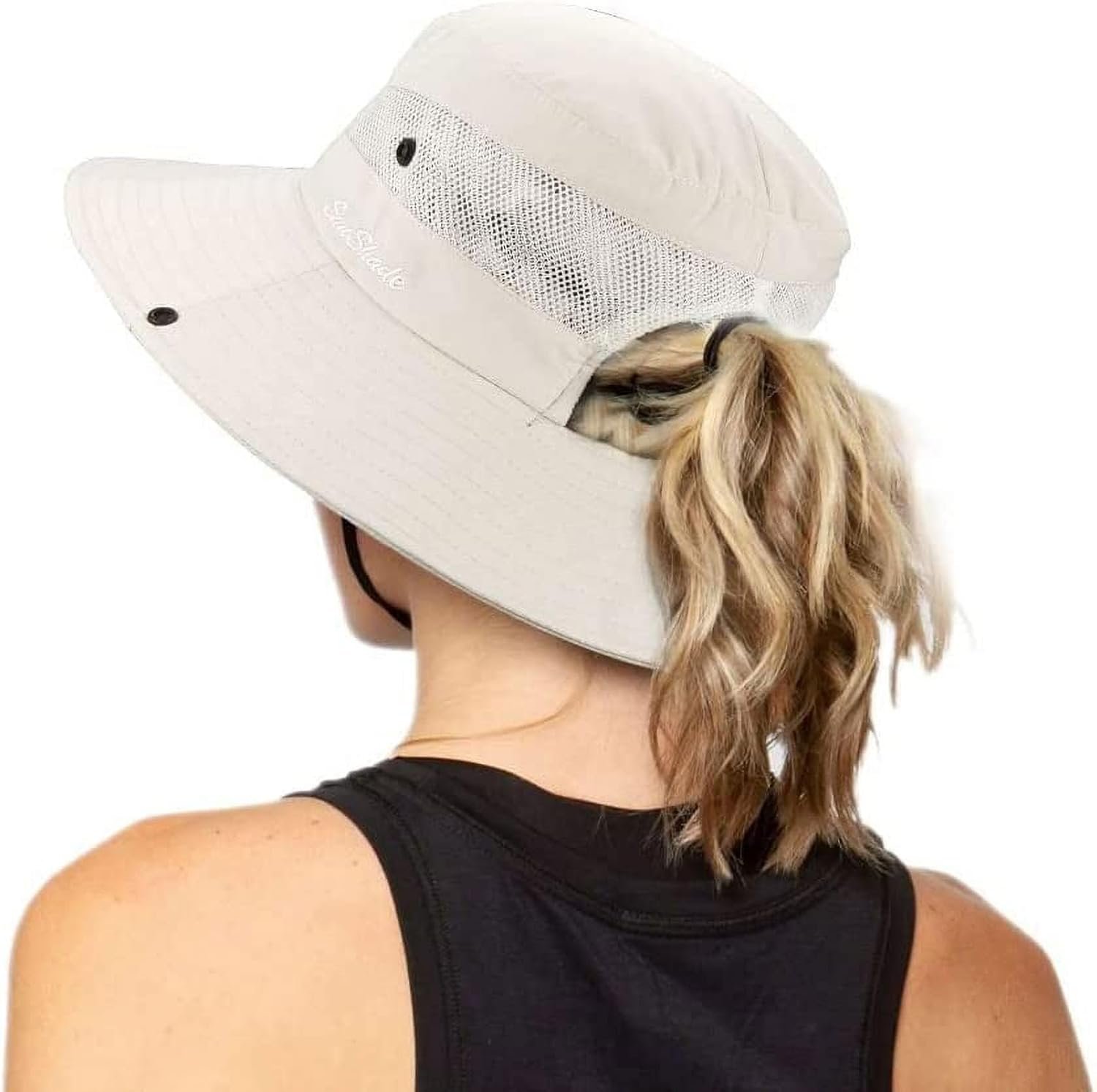 Women’s Outdoor UV-Protection-Foldable Sun-Hats Mesh Wide-Brim Beach Fishing Hat with Ponytail-Hole