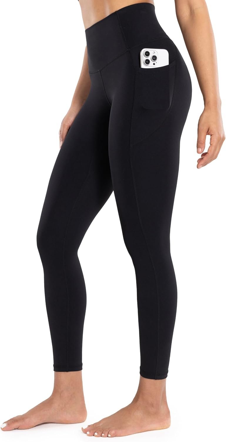ENERBLOOM Workout Leggings with Pockets for Women High Waist Yoga Pants 25″/28″ Cream Soft Lightweight Athletic Gym Tights
