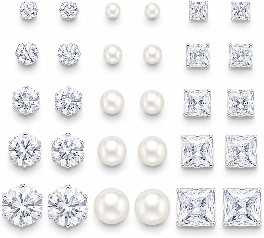 KISS WIFE CZ Stud Earrings Set for Women, Cubic Zirconia Stud Earrings in Multiple Sizes, Triangle Oval Heart Round Pearl Square Earrings, Hypoallergenic Silver Stud Earrings for Cartilage Piercing Jewelry