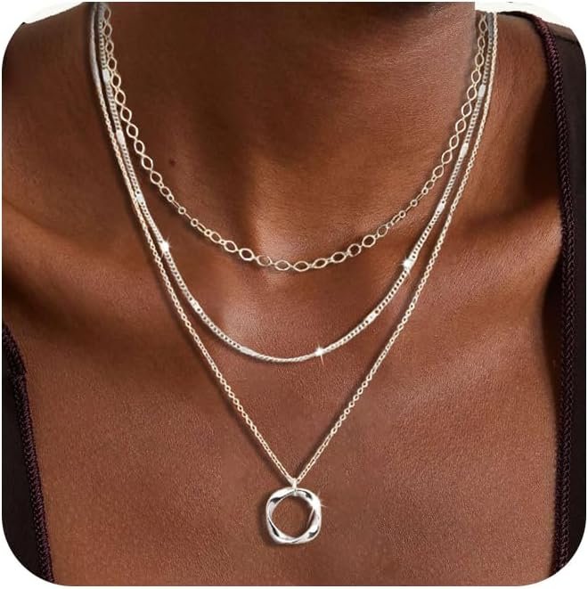 Cuzmly Layered Silver Necklaces for Women, Sterling Silver Stackable Stack Choker Necklaces for Women Trendy Layering Circle Pendant Chain Necklace Set Jewelry for Women
