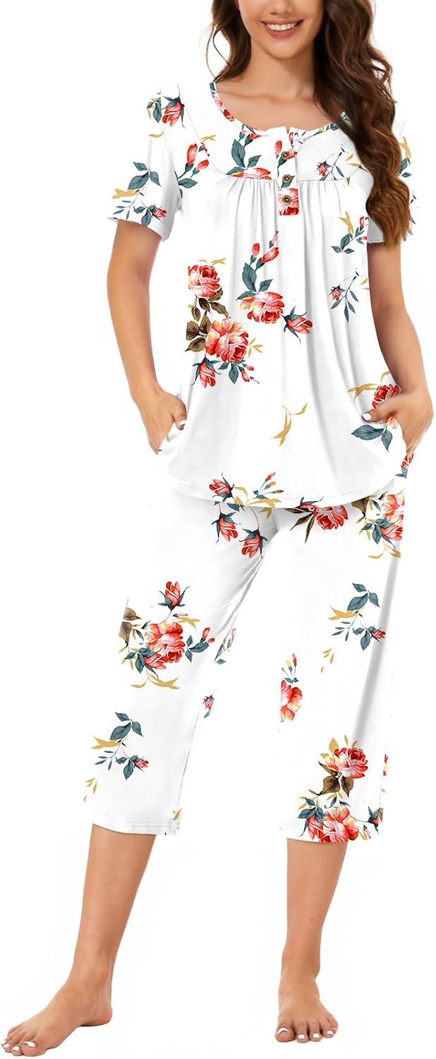 Bestbee Womens Pajama Sets 2 Piece Summer Sleepwear Ladies Pjs Henley Neck Short Sleeve Capri Pant With Pockets