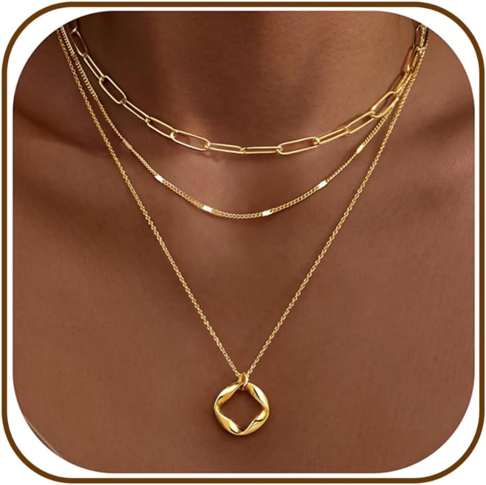 Poxtex Layered Gold Necklaces for Women, Stackable Dainty 14K Gold Silver Plated Trendy Simple Heart Diamond Cross Bow Circle Pendant Paperclip Choker Dot Chain Necklace,Jewelry Set Gifts for Women