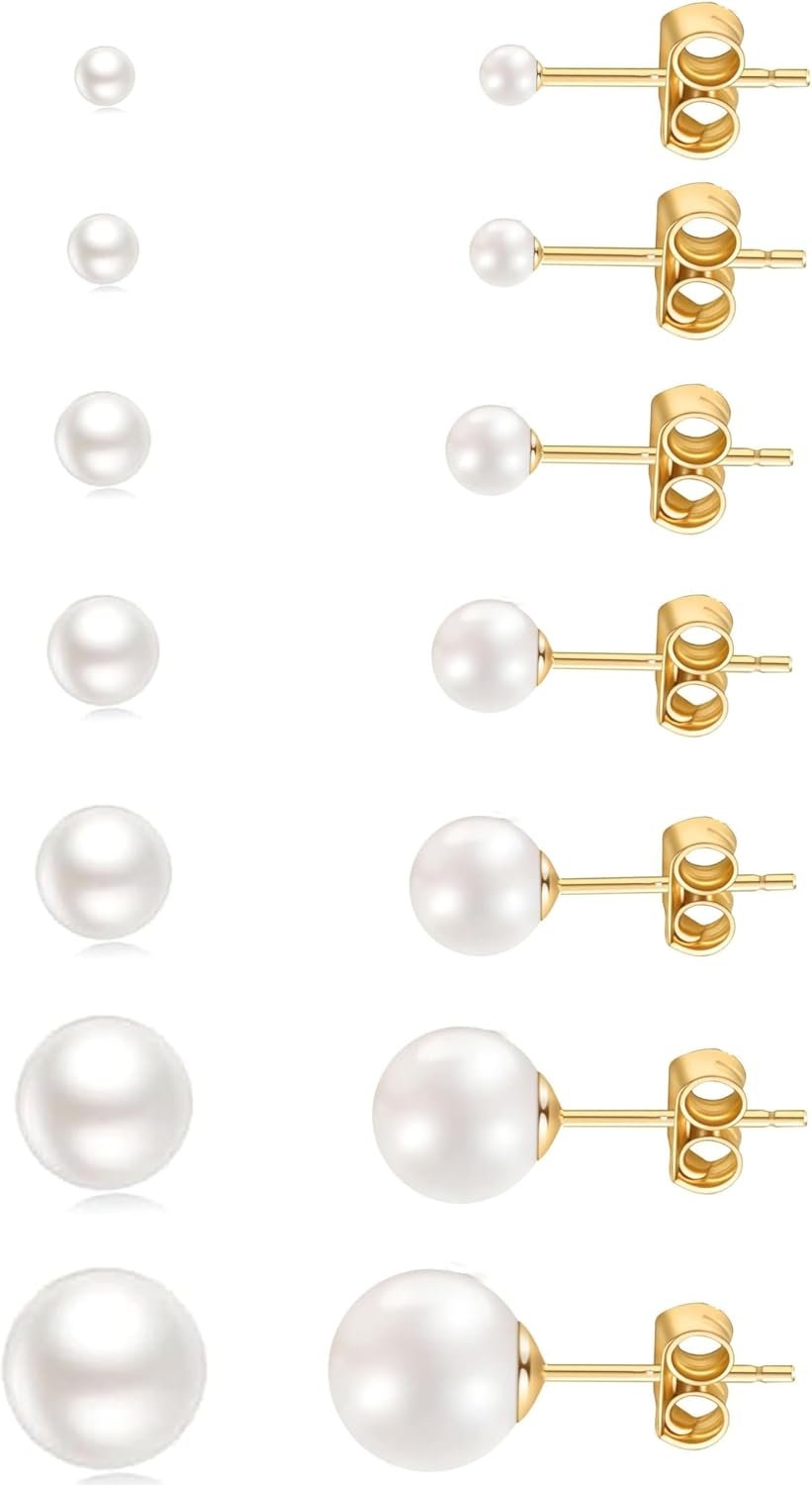14K Gold Filled Polished Small CZ Pearl Ball Stud Earrings Set for Women Men 20G Surgical Steel Hypoallergenic Piercing Studs for Sensitive Ear, Pack of 6 Pairs