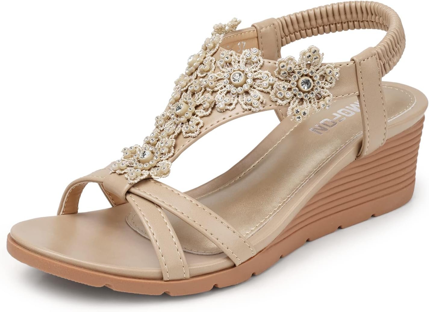 TEMOFON Women’s Low Wedge Heels Summer Dressy Platform Sandals Elastic Ankle Strap Open Toe Flower Shoes