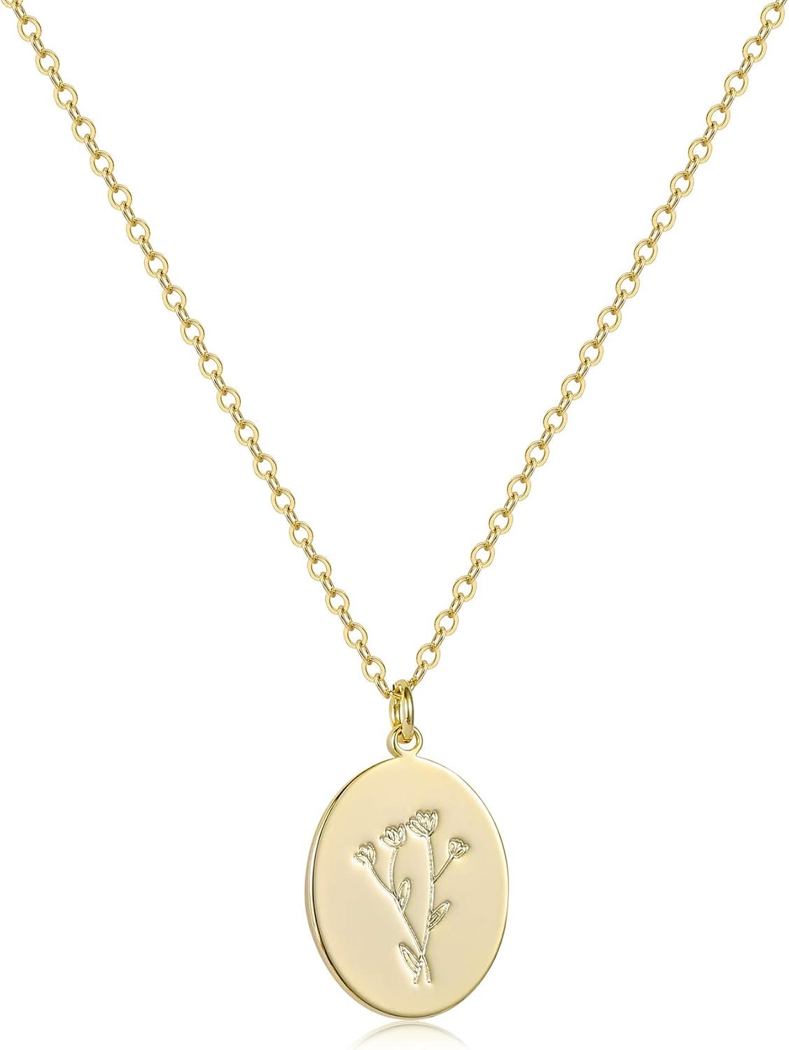 Oval Coin Pendant Necklace 12 Month Birth Flower Disc Necklace 14K Gold Plated Dainty Personalized Gift