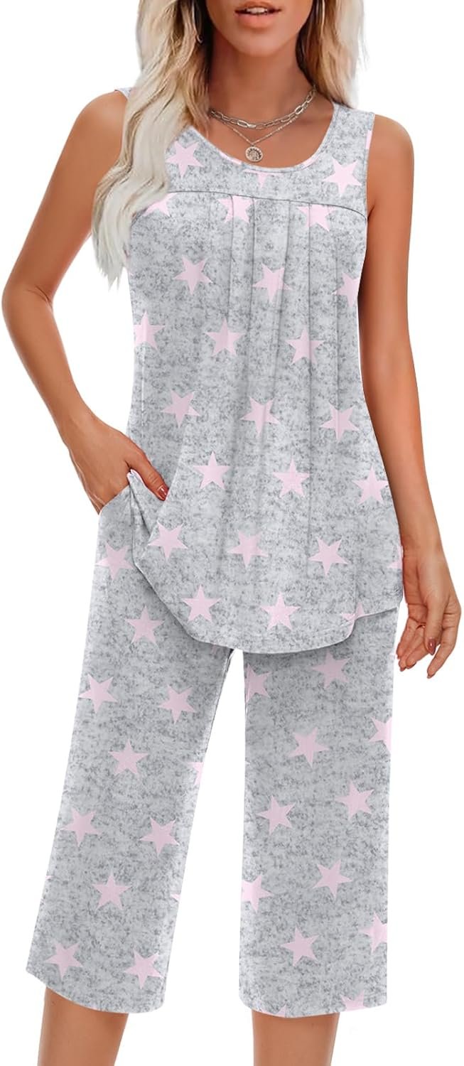 Findsweet Women Pajamas Sets Loungewear Soft Sleepwear Two Piece Summer Sleeveless Pjs Tank Top Pants with Pocket S-4XL