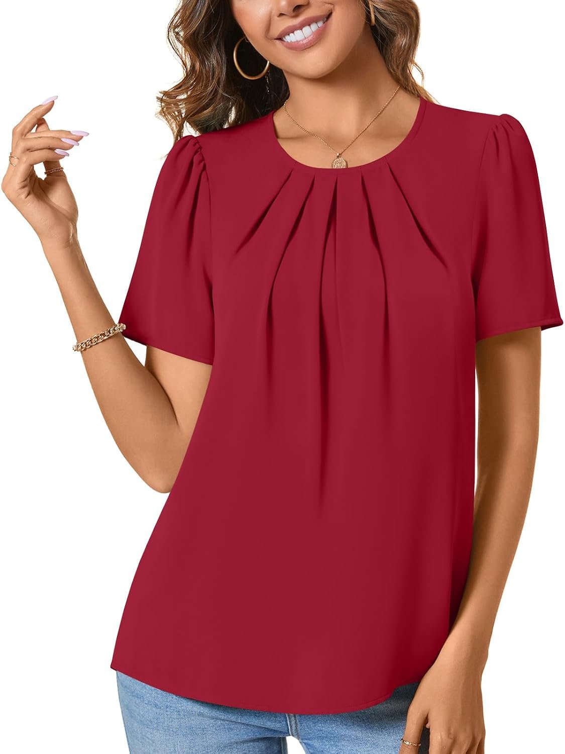 ALIGADUO Womens Summer Basic Chiffon Blouse Pleated Crewneck Shirts Casual Trendy Tops