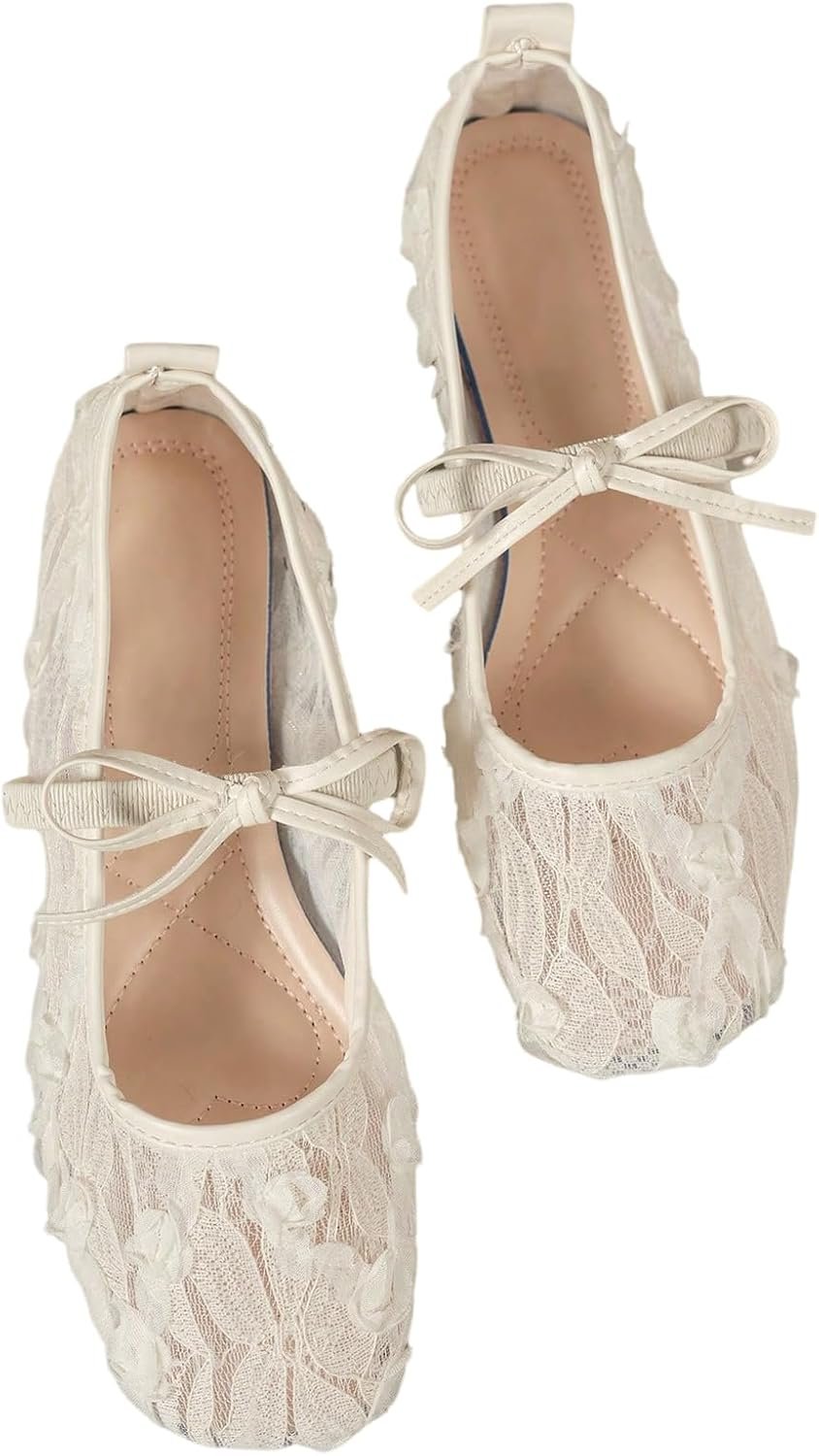 OYOANGLE Women’s Floral Lace Mesh Ballet Flats Comfortable Dressy Square Closed Toe Bow Dress Shoes