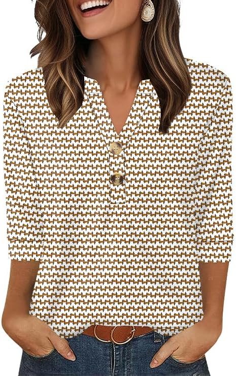 OFEEFAN Womens Tops 3/4 Sleeve Henley Shirts for Women Summer Outfits Fashion Clothing