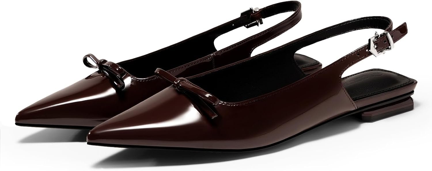 Coutgo Womens Slingback Flats Bow Slip on Dress Shoes Buckle Comfortable Ballet Flats Pointed Toe Flat Party Work Shoes