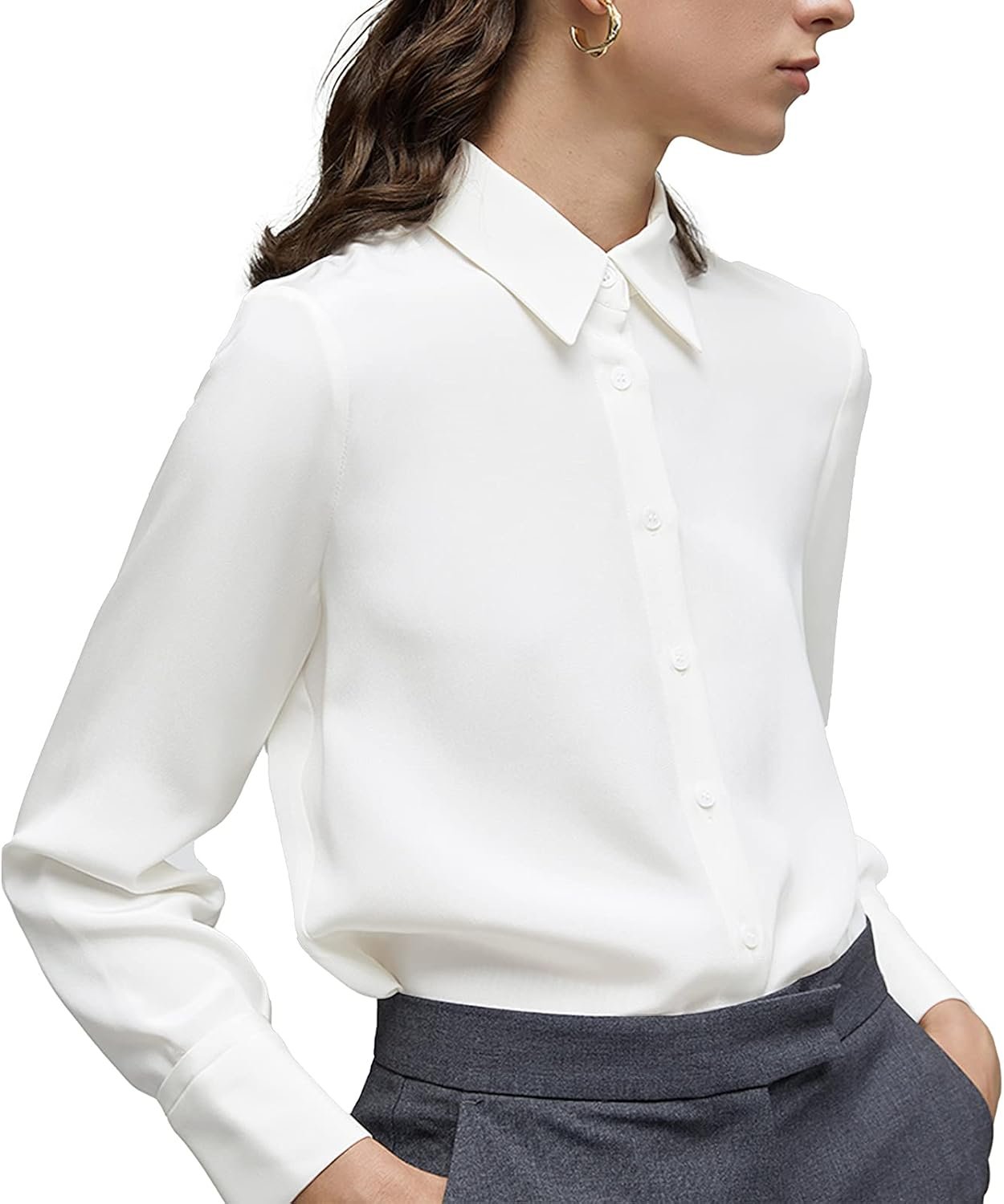 Women’s Button Down Shirt Classic Long Sleeve Collared Tops Work Office Chiffon Blouse