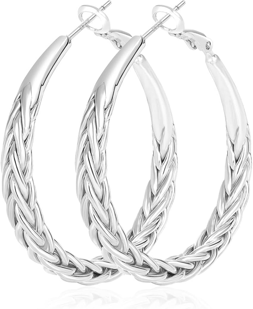 JEMARA Silver Hoop Earrings for Women Trendy Hypoallergenic 925 Sterling Silver Post Hoop Earrings Thick Twisted Large Silver Hoop Earrings 30/40/50MM