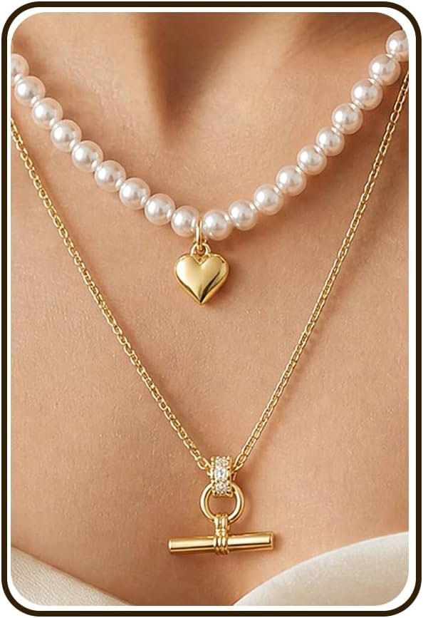 Layered Necklaces for Women, T-Bar Gold Heart Pendant Necklace Stack with Dainty Pearl Chain, Trendy Everyday Accessories Non Tarnish Statement 16k Plated Jewelry Set