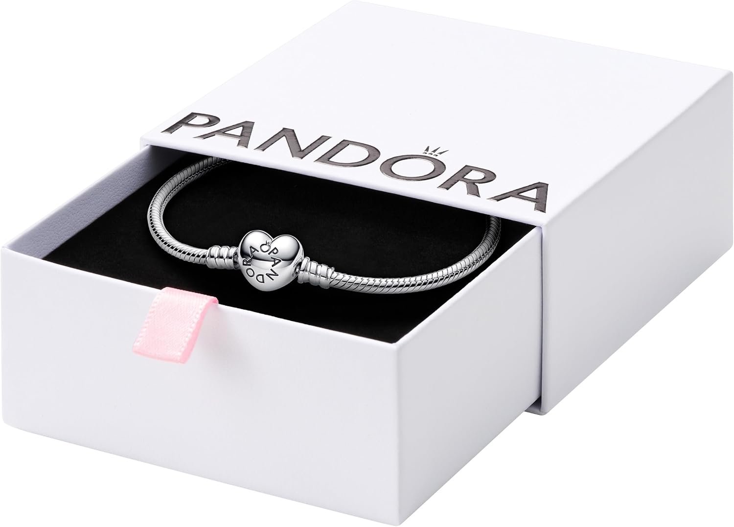 PANDORA Heart Clasp Snake Chain Bracelet – Heart Clasp – Romantic Jewelry for Her with Gift Box – Compatible Moments Charms – Sterling Silver – 9″