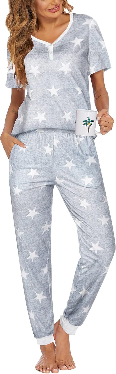 Ekouaer Pajamas for Women Set 2 Piece Lounge Set Short Sleeve Pjs Joggers Long Pants Sleepwear with Pockets