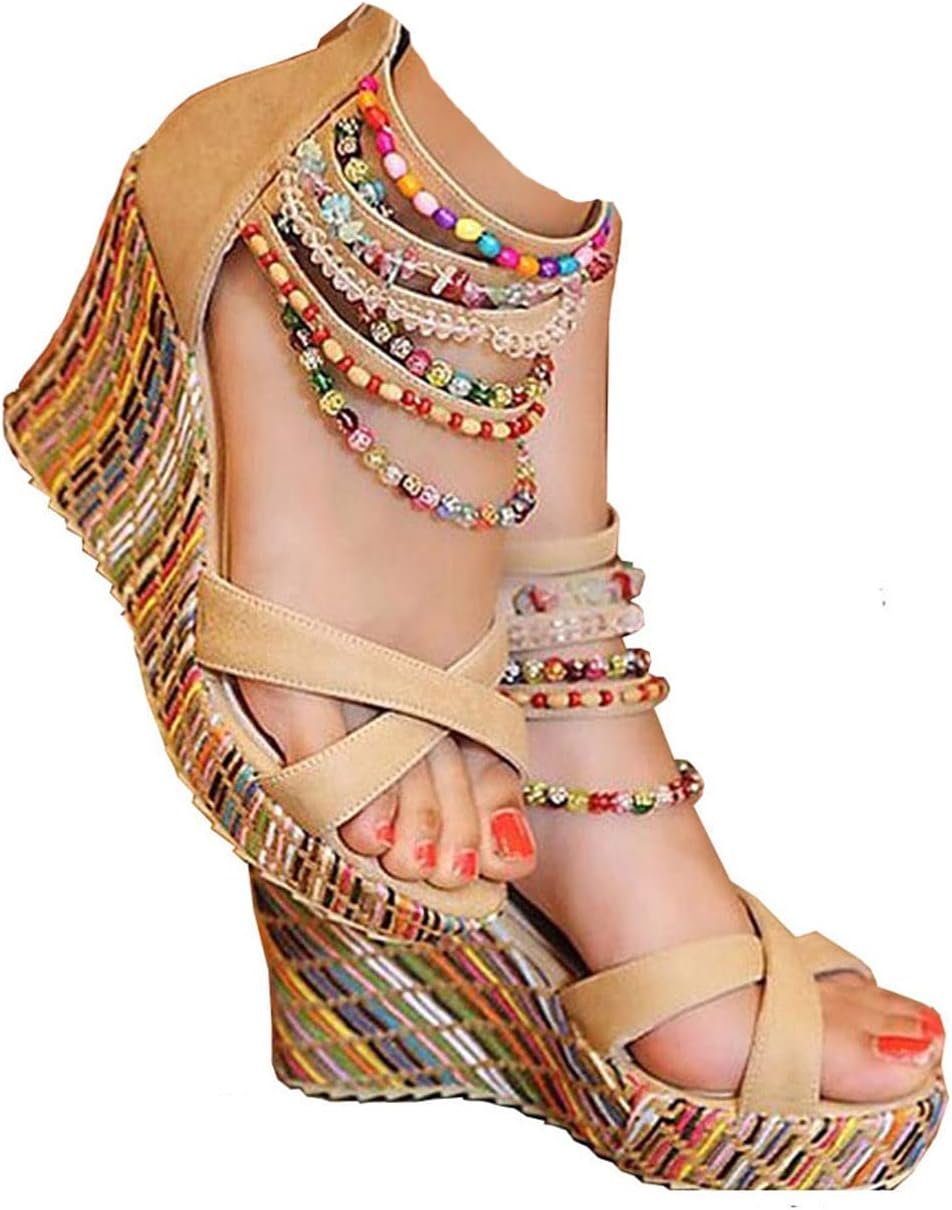 getmorebeauty Women’s Wedge Sandals With Pearls Across The Top Platform Sandals High Heels