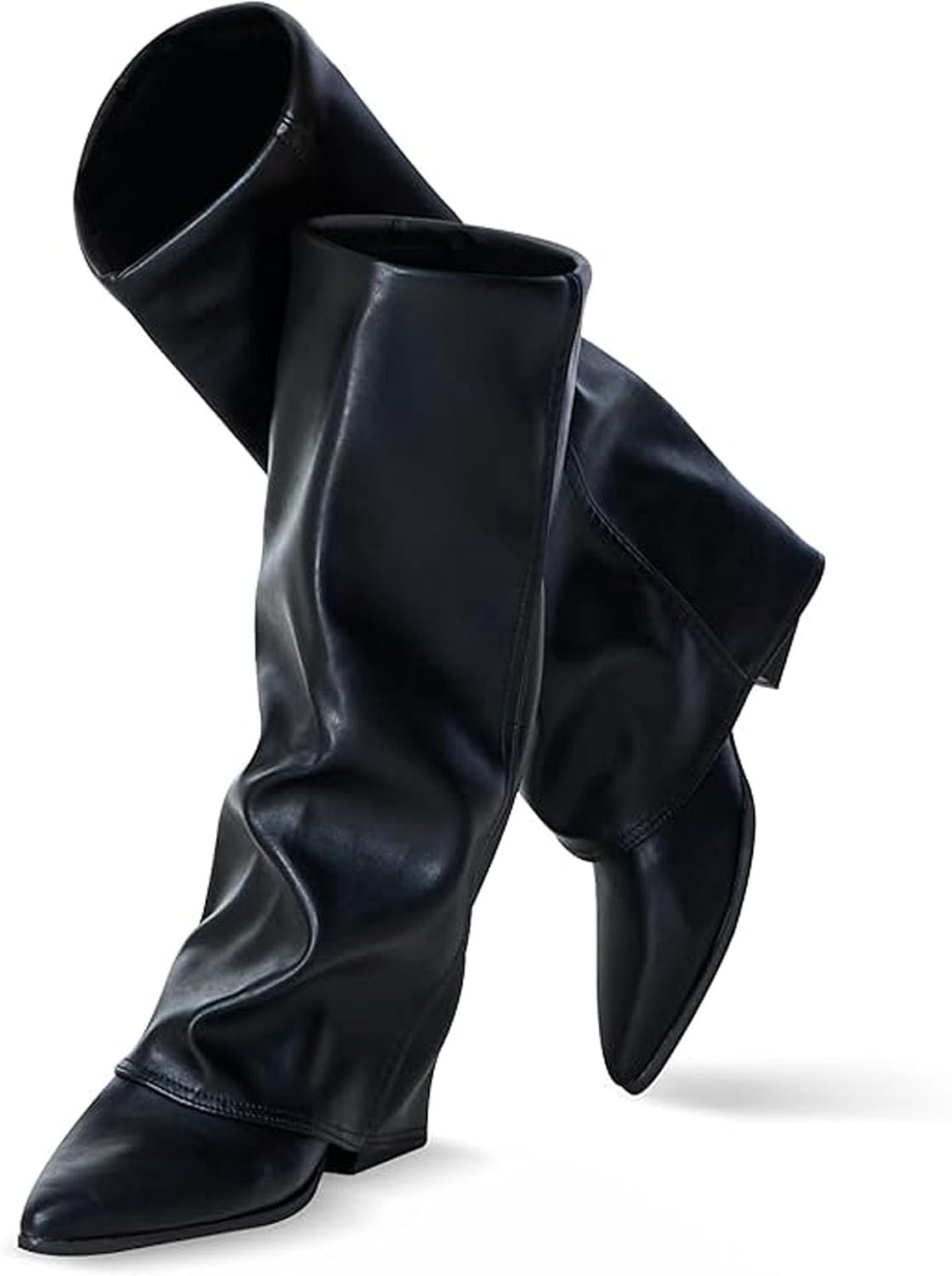 Knee High Boots Women, Fold Over Shark Boots Pointed Toe block heels Wide Calf，Minimalist Street Style Faux Leather Boots for Fall & Winter