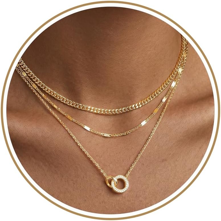 WomenGifts Layered Gold Necklaces for Women, 14K Gold Sterling Silver Plated Dainty Pendant Necklace Set Non Tarnish, Chunky Stackable Cuban Chain Choker, Trendy Birthstone Vacation Jewelry Gift