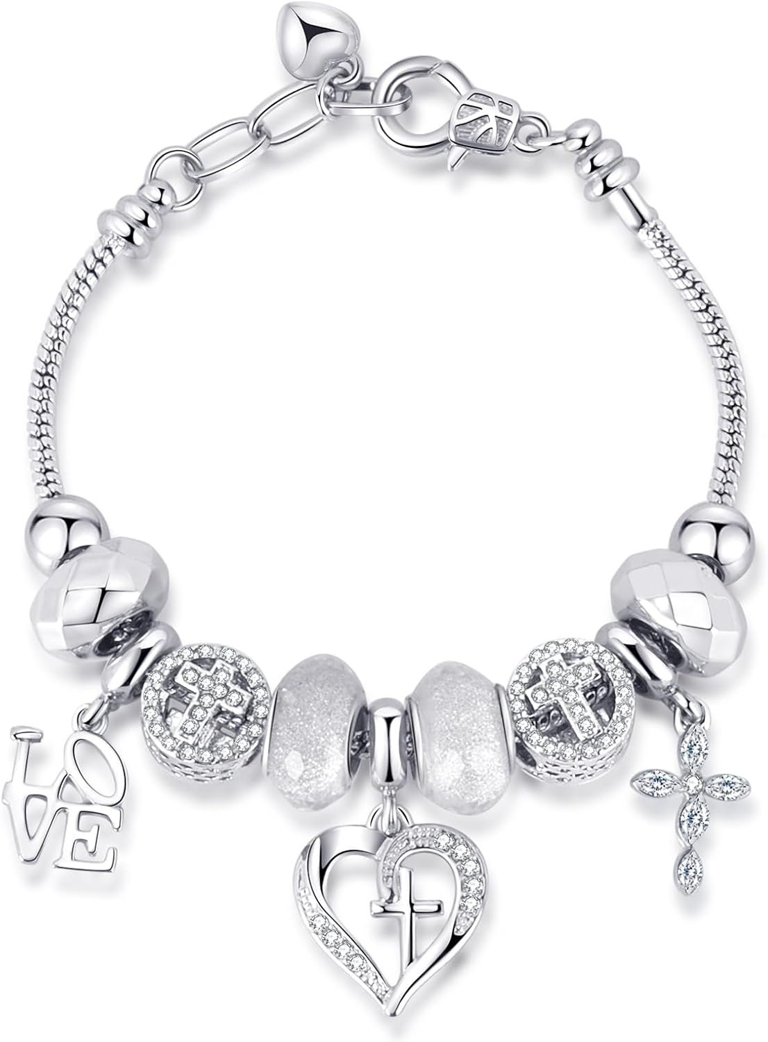 Charm Bracelet for Women, with Crystal and Heart Shape Glass Beads Sliver CZ Cross Snake Chain Bracelet, Trendy Charm Bracelet Jewelry Valentine’s Day Gifts for Women