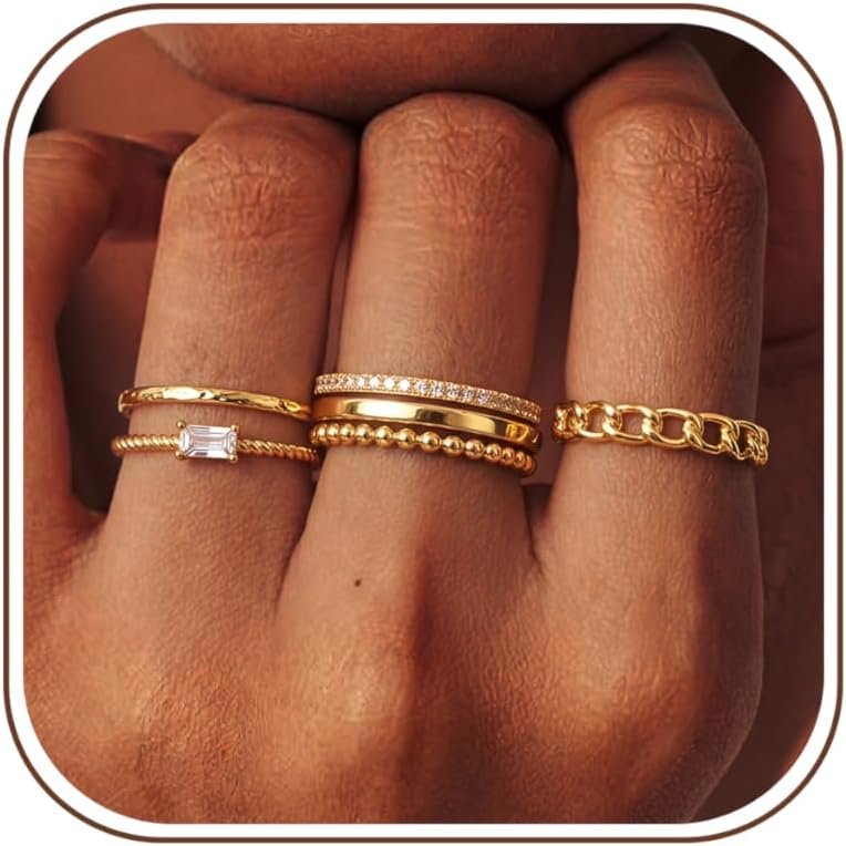 FIBO STEEL 6PCS Stackable Rings for Women Non Tarnish Waterproof Gold Plated Silver Color Square Cubic Zirconia Ring Set Dainty Stacking Rings Trendy Thin Thumb Band Statement Ring Stack Size 5-11