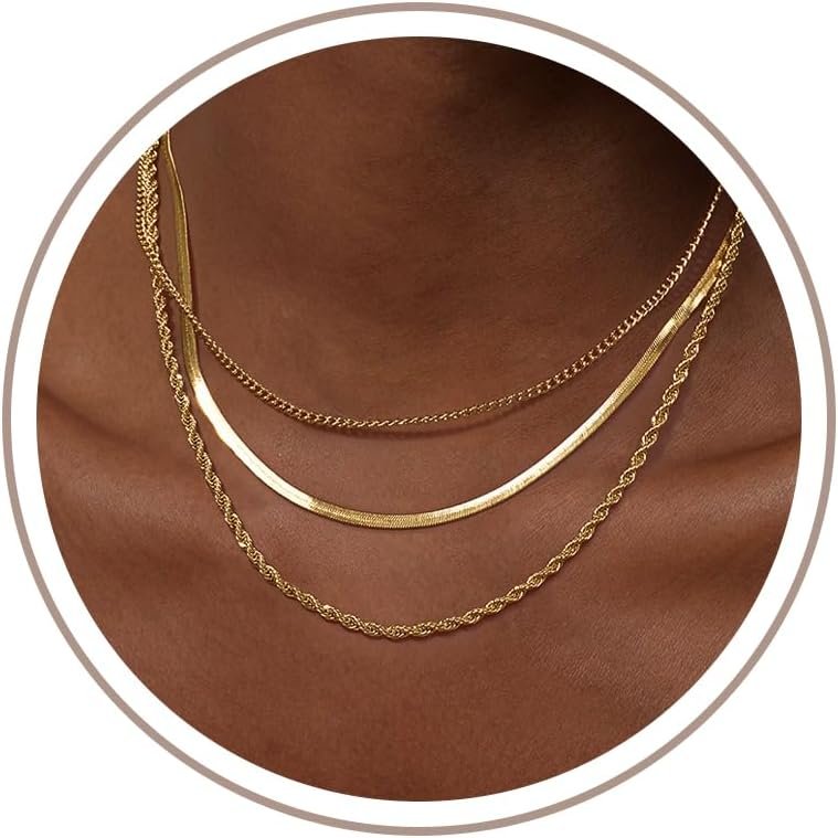 Freekiss Women’s Layered Necklace Set – 3 Piece Dainty Gold Jewelry for Everyday Stacking | 14K Gold Plated Snake Chain, Rope Chain, Cuban Chain | Adjustable Length 14-18.5 Inch | Gift Ready