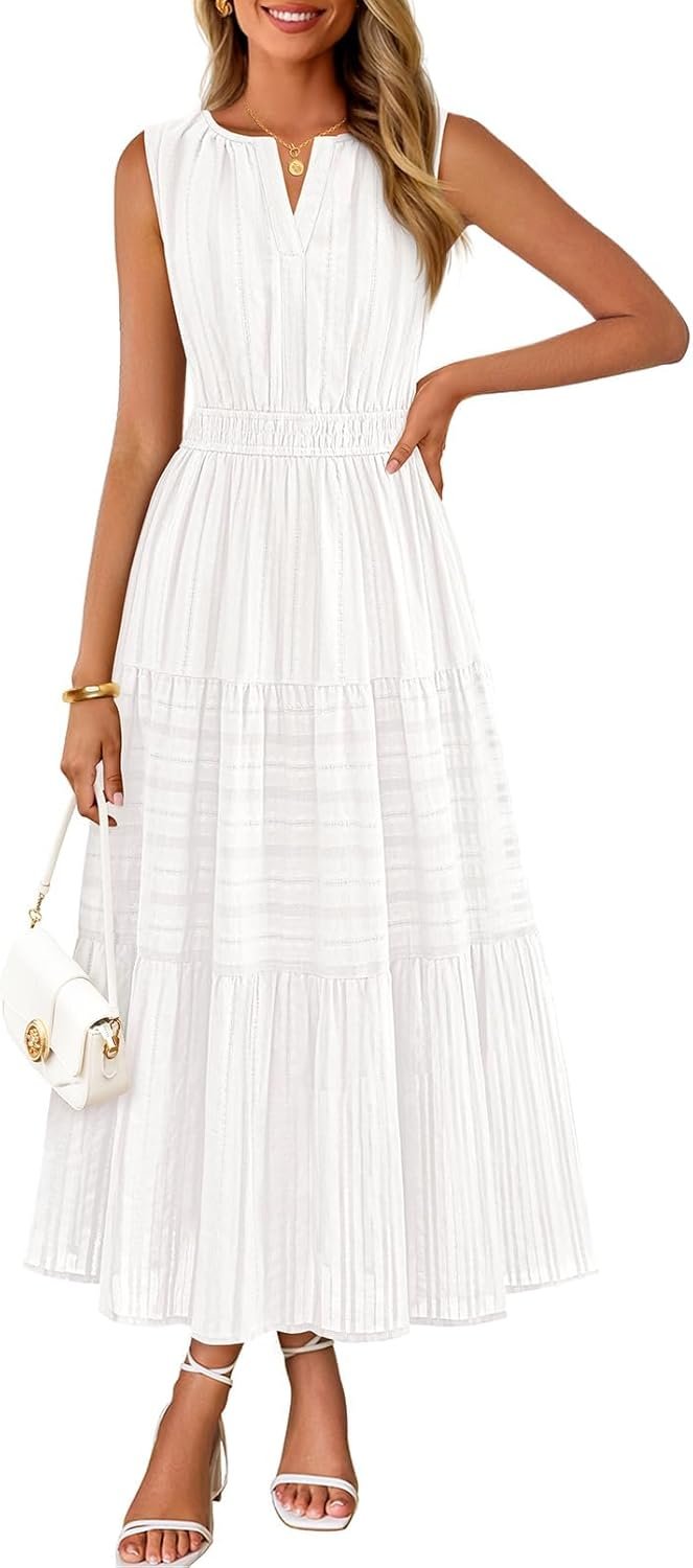 MEROKEETY Womens Summer Casual Midi Maxi Dress 2026 Beach Vacation Sleeveless Boho V Neck Cotton Modest Long Dresses Pockets