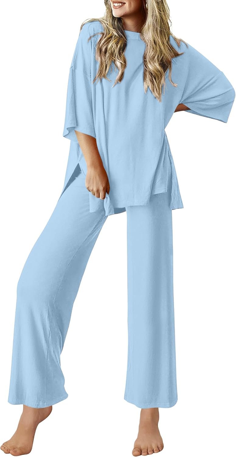 Ekouaer Lounge Sets for Women Short Sleeve Tops and Long Pants Soft Comfy Pajamas Set 2 Piece Outfits