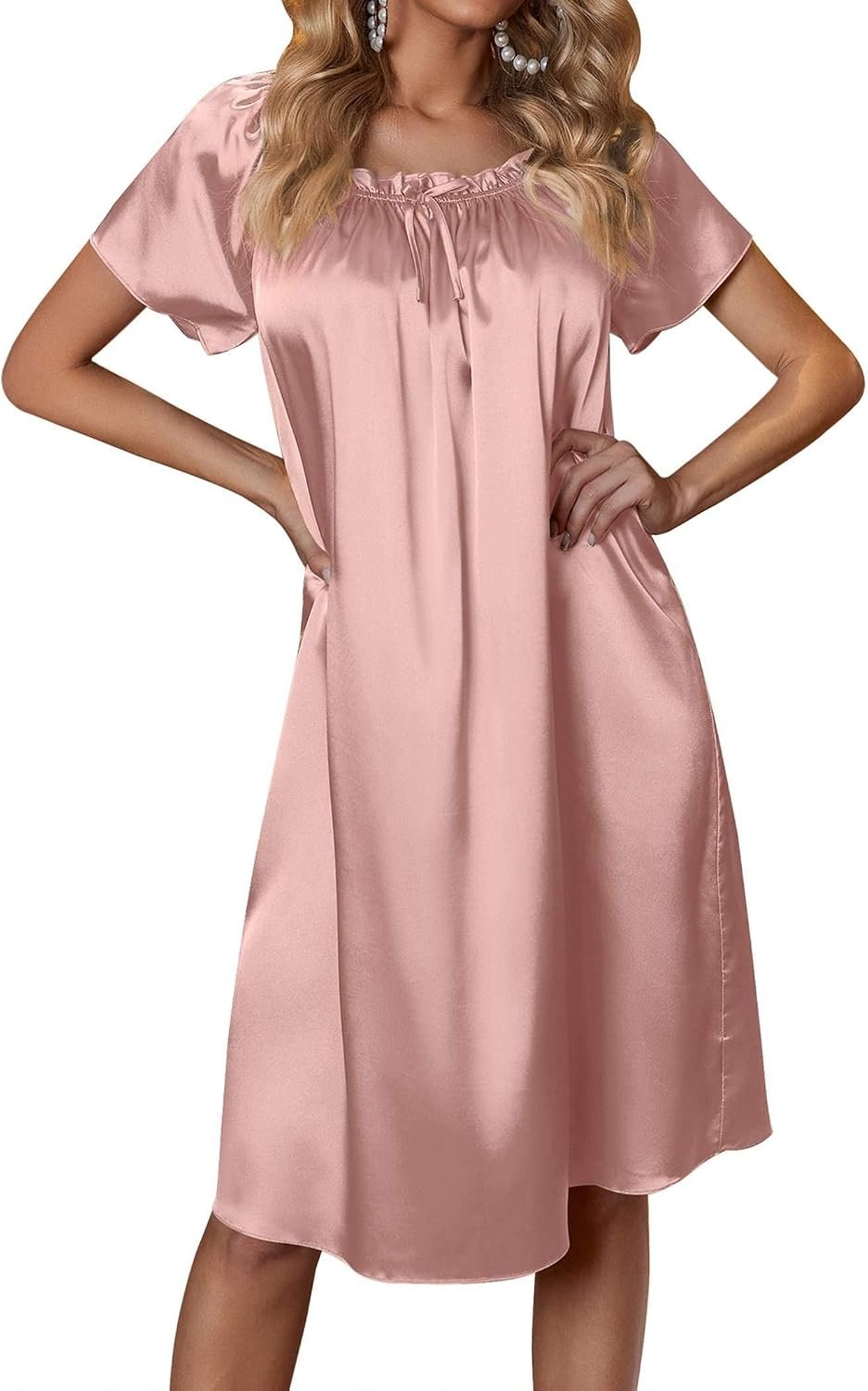 Ekouaer Women’s Satin Silk Pleated Nightgown Loose Sleepwear Printed Nightshirt Short Sleeve Sleep Dress