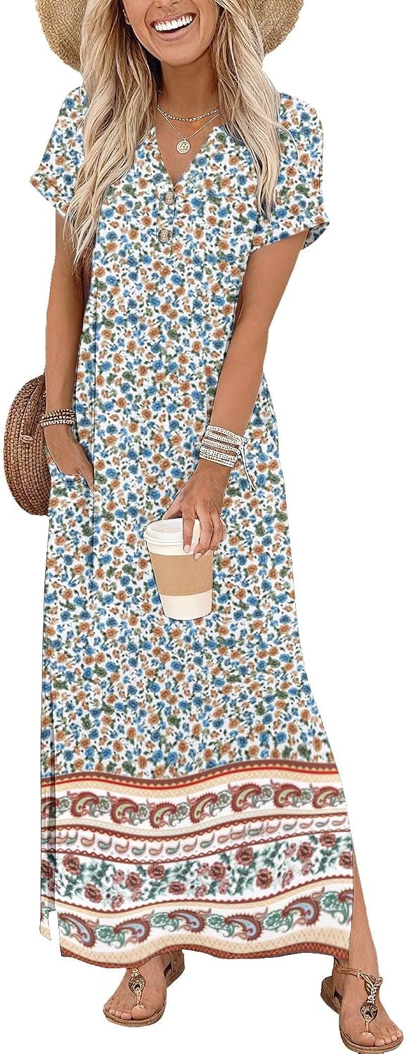 Zeagoo Summer Dresses for Women 2026 Maxi Dresses Vacation Sundress Short Sleeve Casual Sundresses Split Dress with Pockets