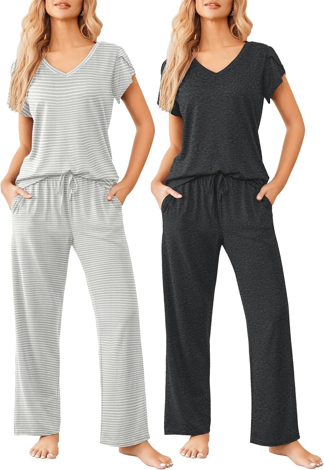 Ekouaer 2 Pack Womens Pajamas Short Sleeve Sleepwear Top with Pants Super-Soft Printed Lounge Sets S-XXL