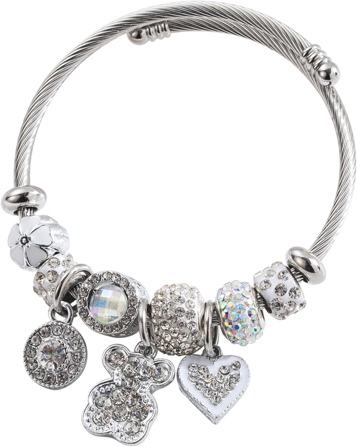Charm Bracelets for Womens,Exquisite Cute Cartoon Friendship Silver Bracelets Stainless Steel Bangle, Womens Jewelry Suitable for Holiday Gifts and Birthday Gifts
