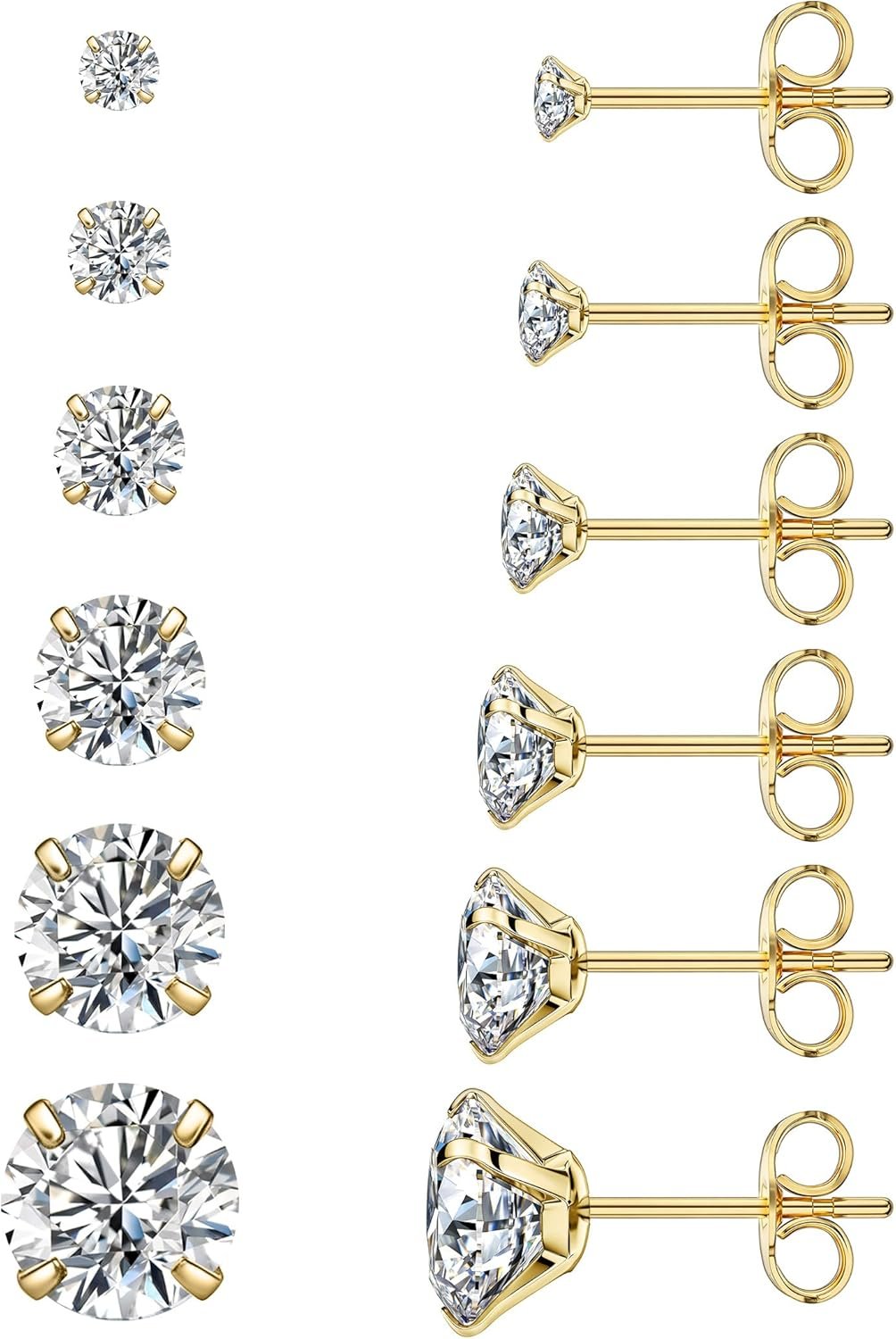 6 Pairs Stud Earrings Set, Hypoallergenic Cubic Zirconia 316L Earrings Stainless Steel CZ Earrings 3-8mm