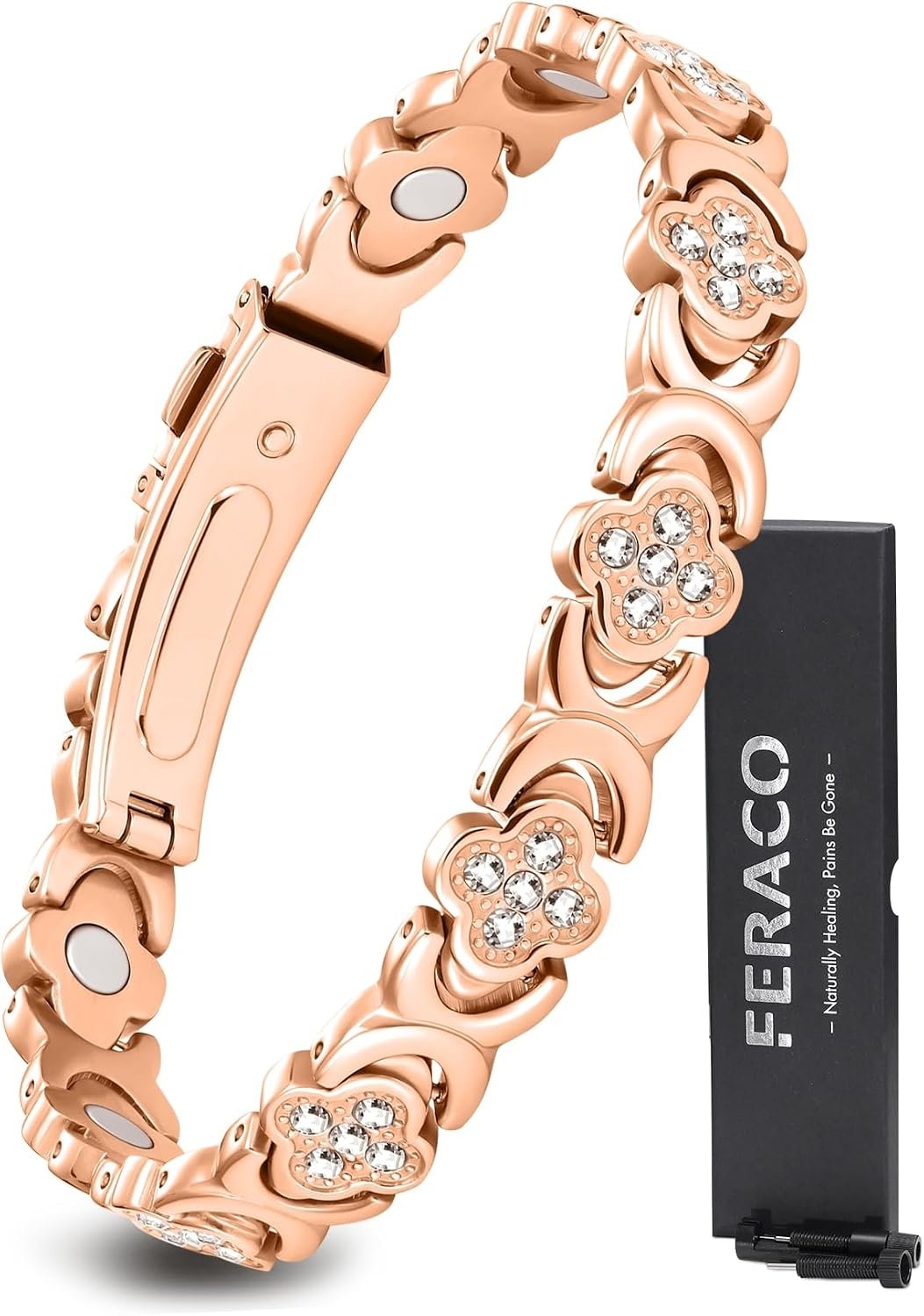 Feraco Pure Copper Bracelets for Women, Ultra Strength Magnetic Therapy Bracelet for Pain Relief with Neodymium Magnets & Sparkling Cubic Zirconia, Adjustable, Infinite Clover Jewelry