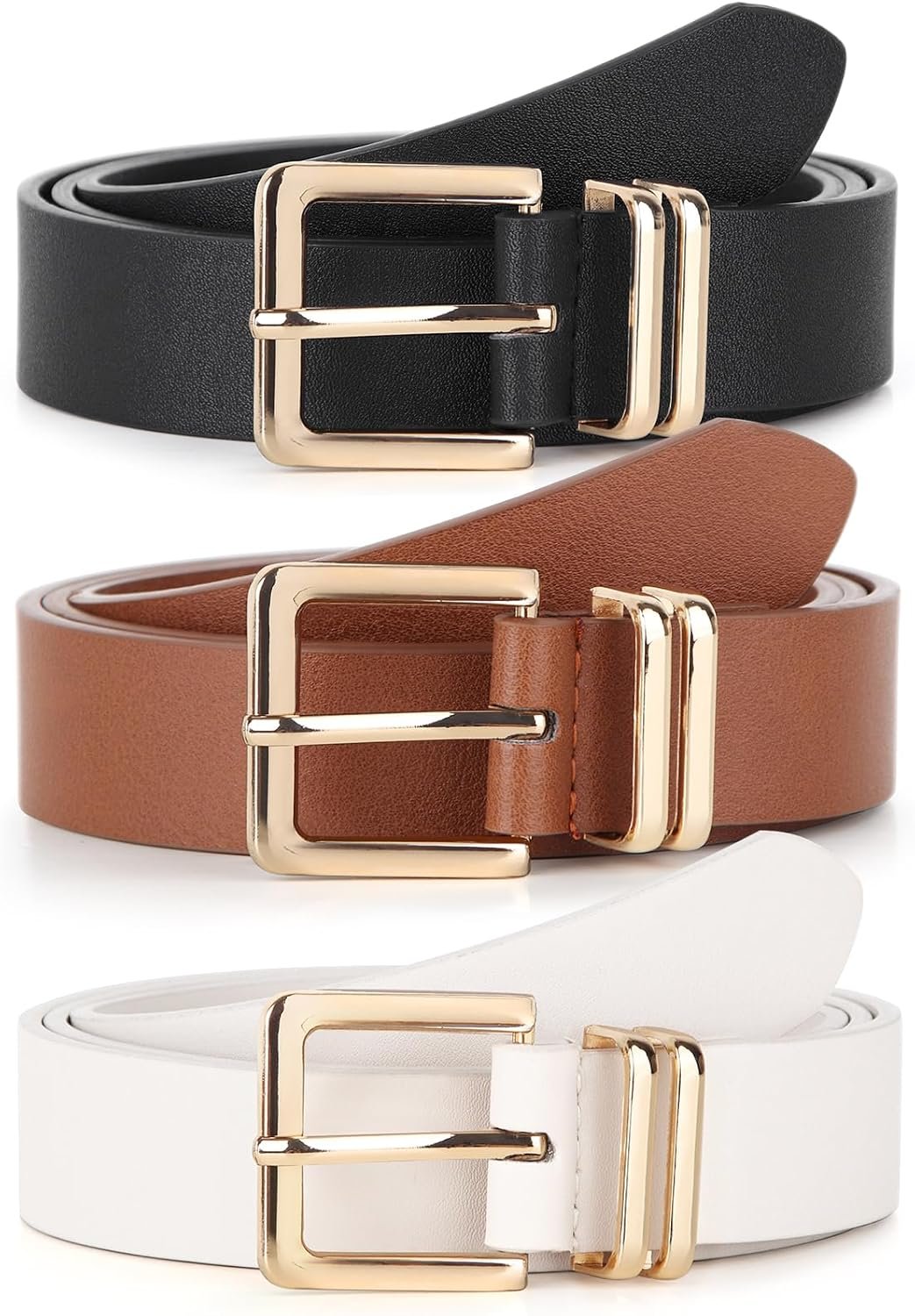 Pack 3 Women Belts for Jeans Pants, Fashion Gold Buckle Leather Belts