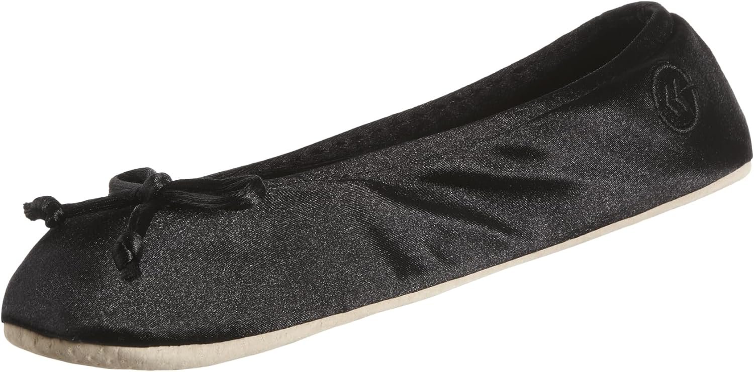Isotoner Women’s Satin Ballerina Slippers with Classic Ribbon Bow and Suede Sole