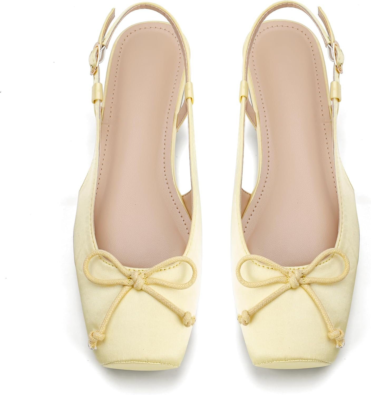 Women’s Ballet Flats Slingbacks Square Toe Bow Knit Dressy Flat Shoes with Ankle Buckles Satin