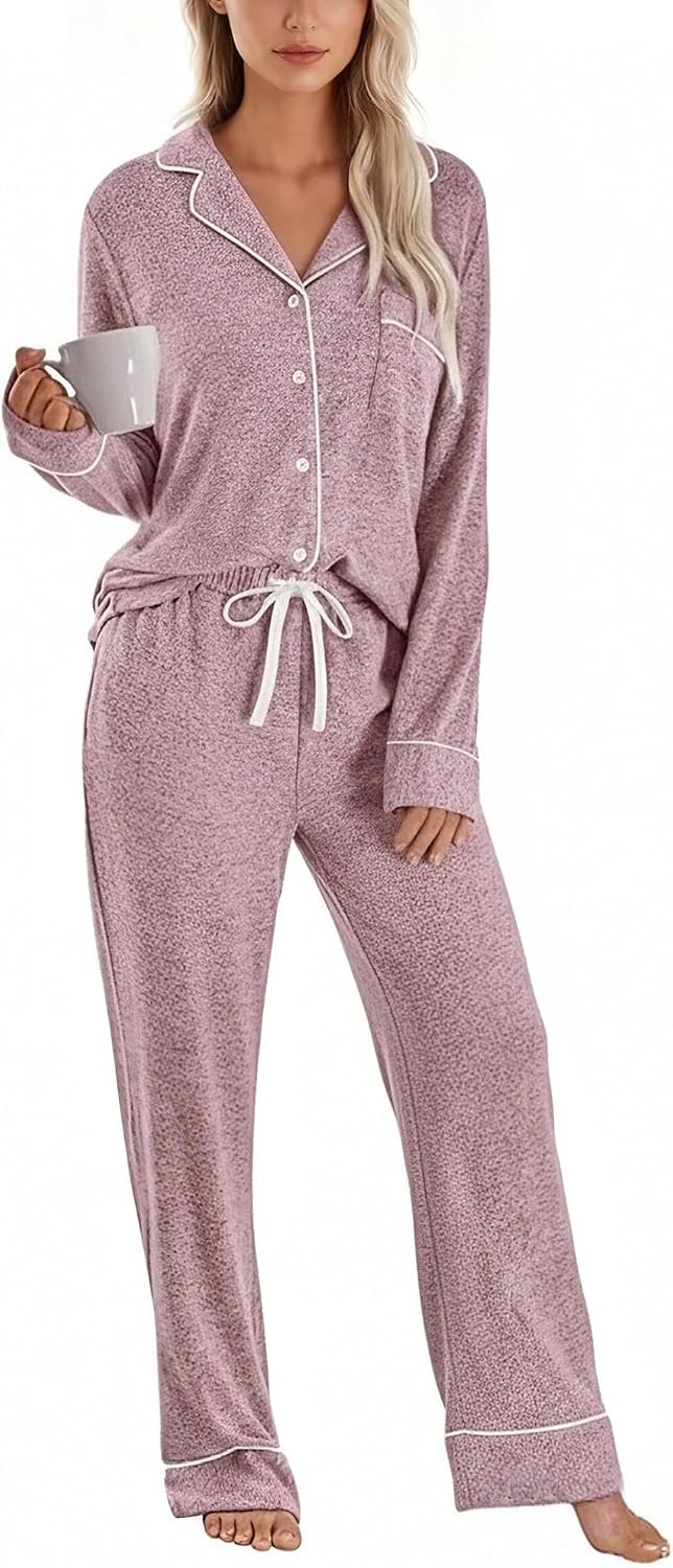 PJGGZ Womens Pajama Sets Long Sleeve, Soft Cozy Button Down Top & Drawstring Pants with Pockets 2 Piece Lounge Pjs S-XXL